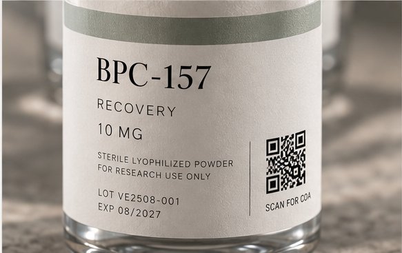 Close-up of a VITAL ERA label showing compound name, lot number and QR code