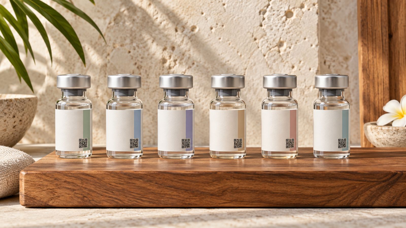 Row of VITAL ERA vials on a teak board against travertine